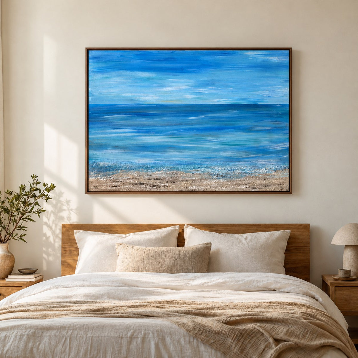 A moment of silence canvas wall art in a warm bedroom