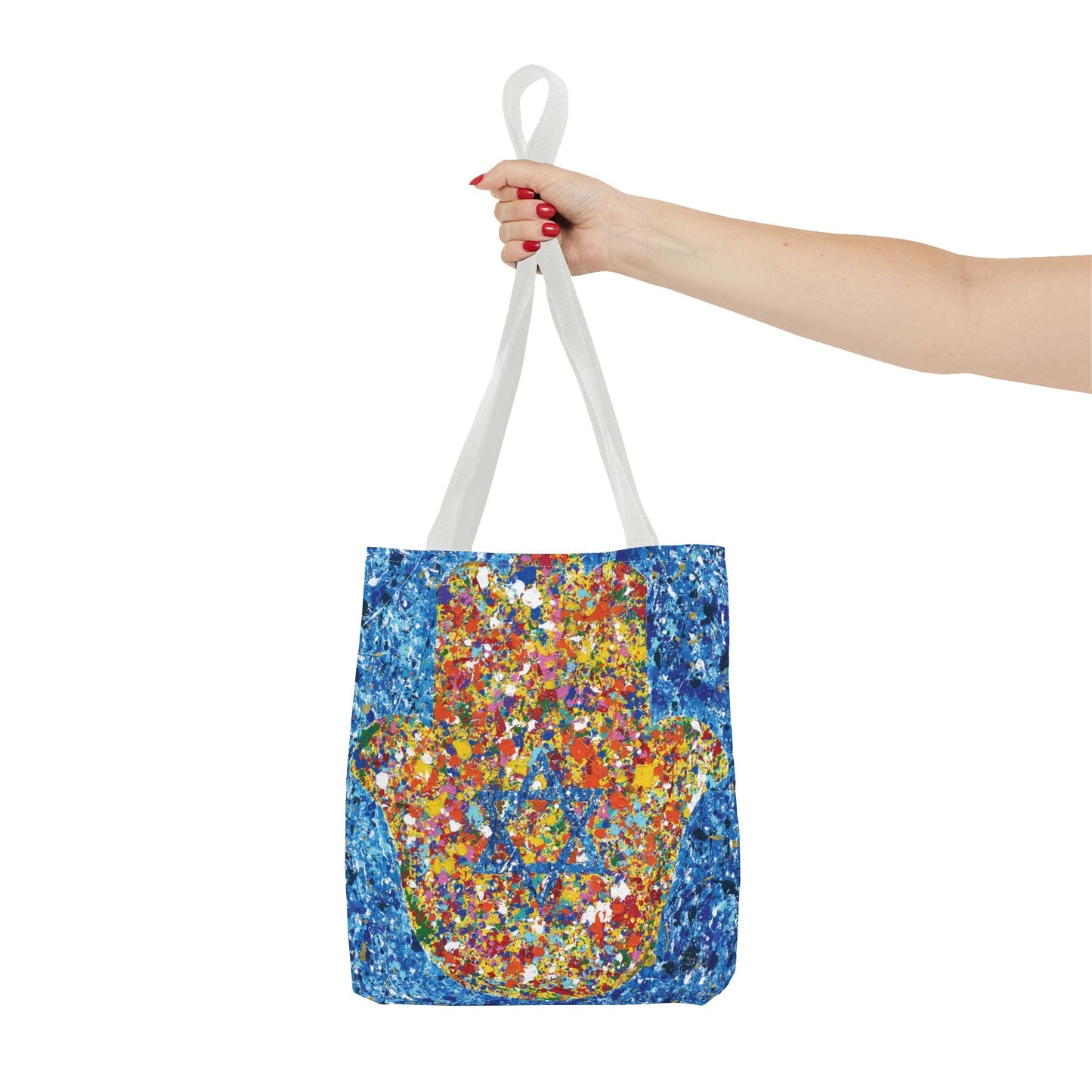 Colorful Bags: "Tote Bag - Hamsa Our Shield" by Albert Levi Art