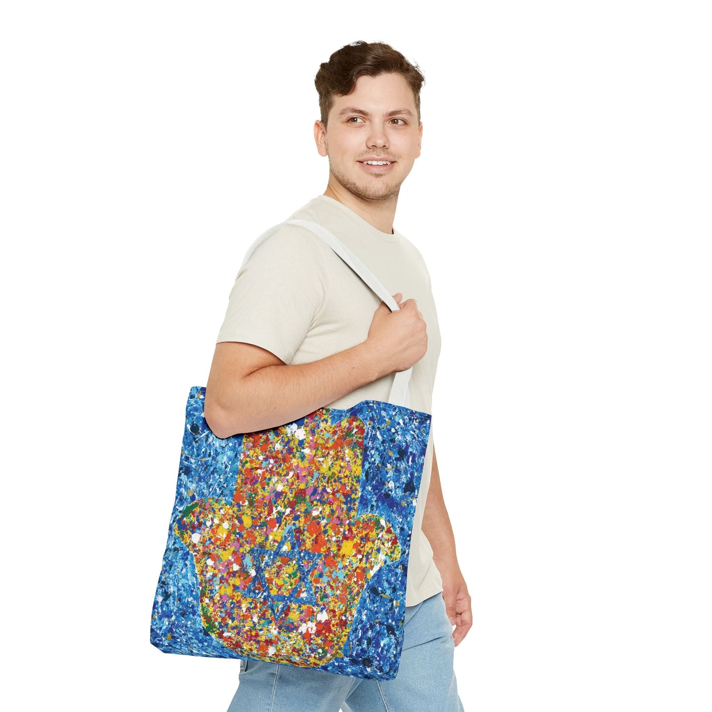 Colorful Bags: "Tote Bag - Hamsa Our Shield" by Albert Levi Art