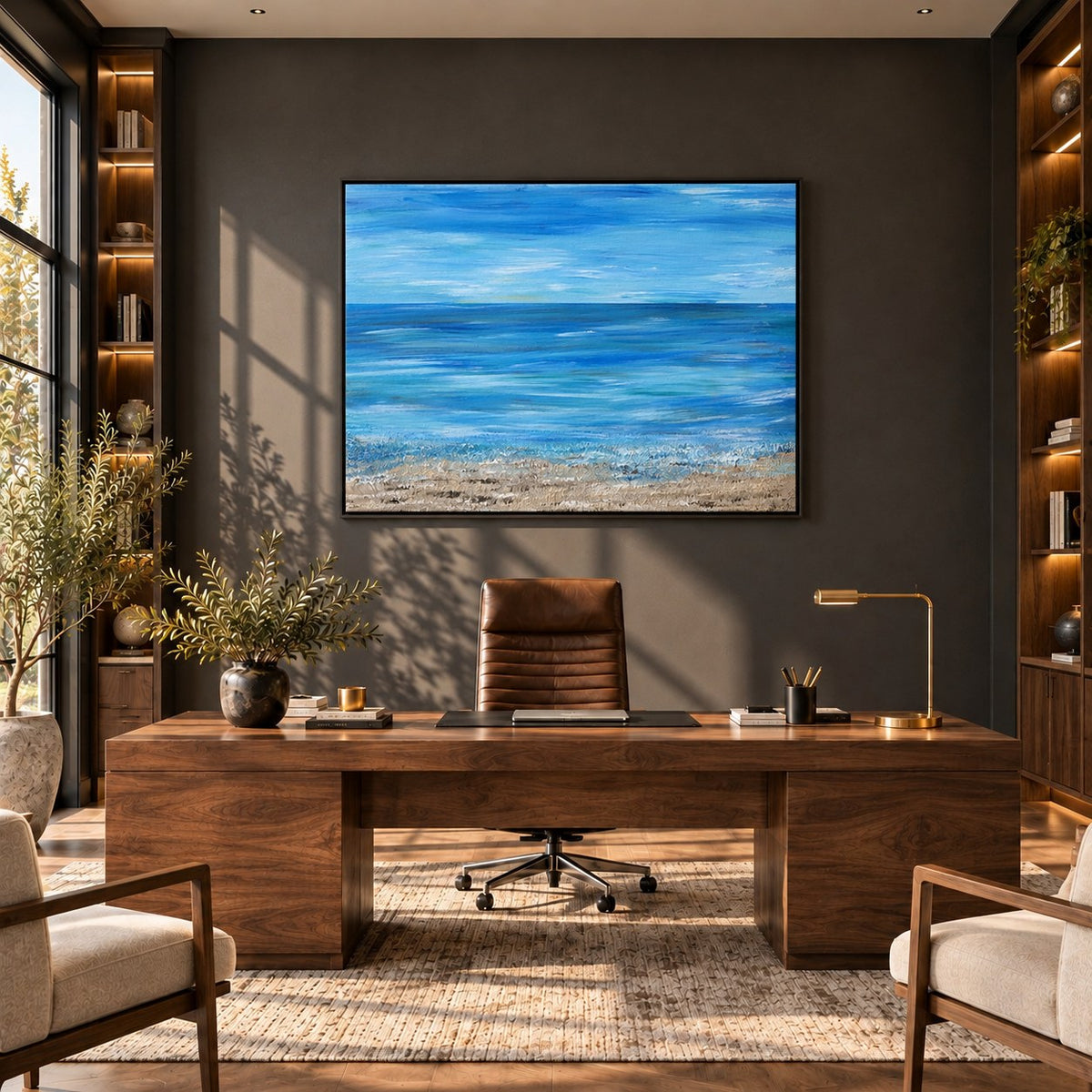 A moment of silence canvas wall art in a dark executive office