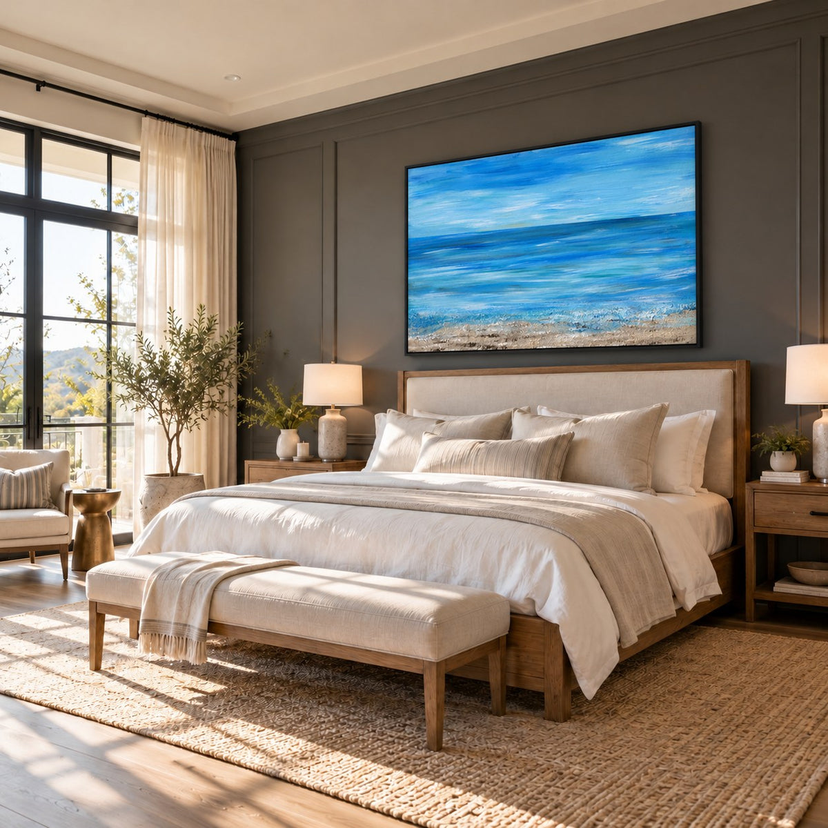 A moment of silence canvas wall art in a charcoal bedroom