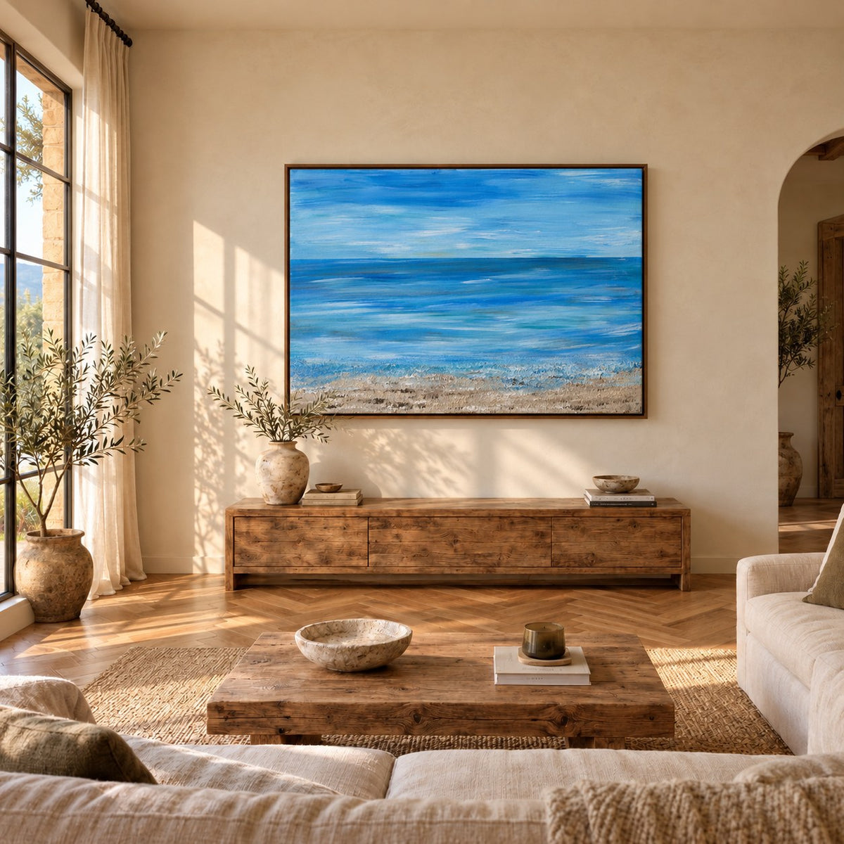 A moment of silence canvas wall art in a mediterranean living room