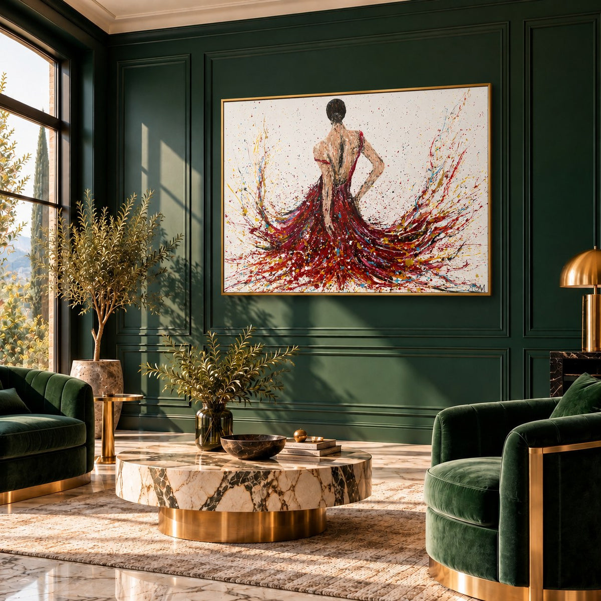Fiery Elegance canvas wall art in an art deco emerald living room
