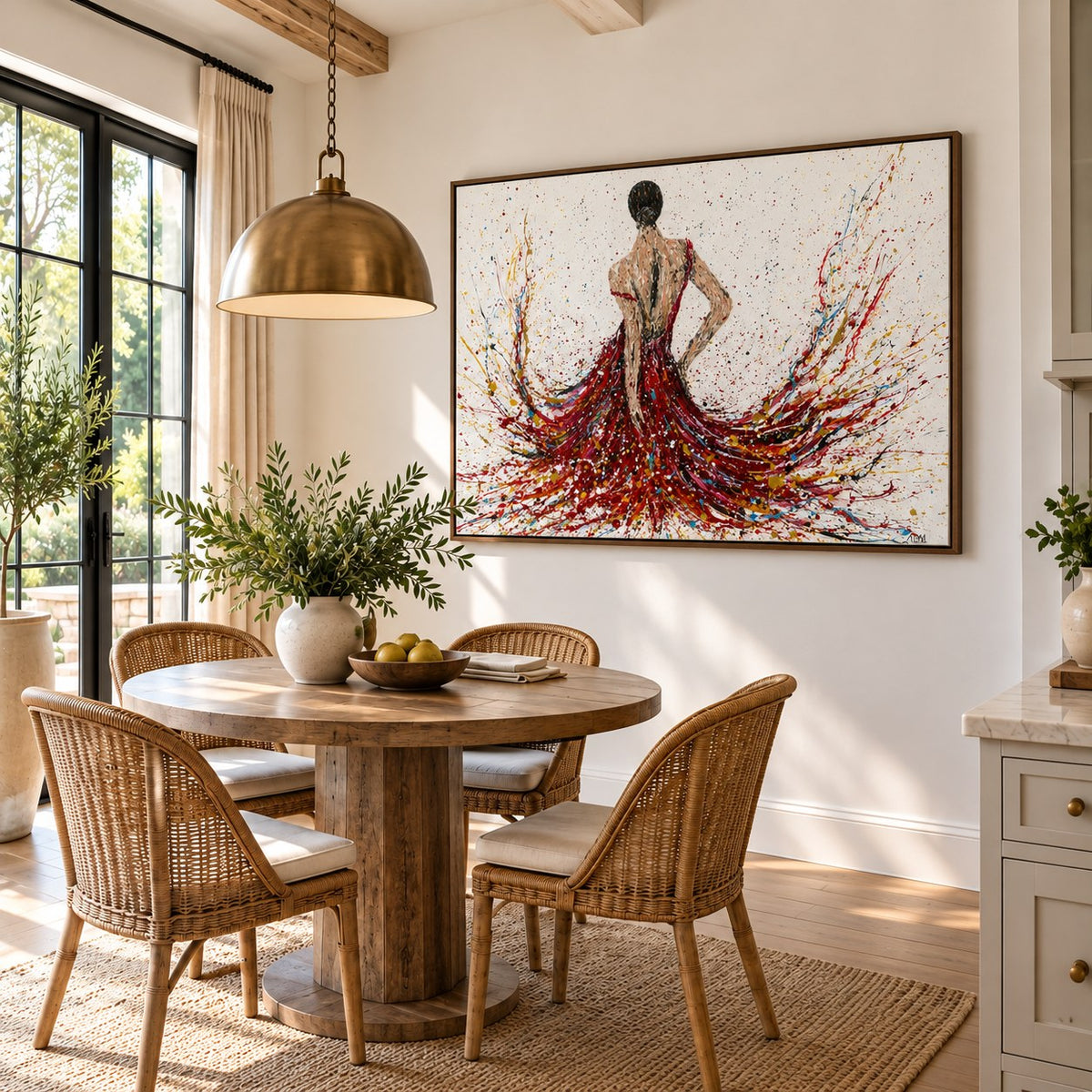 Fiery Elegance canvas wall art in a farmhouse dining room