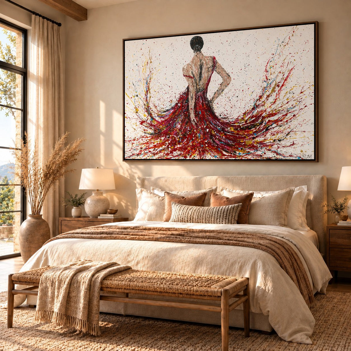 Fiery Elegance canvas wall art in a boho sand bedroom