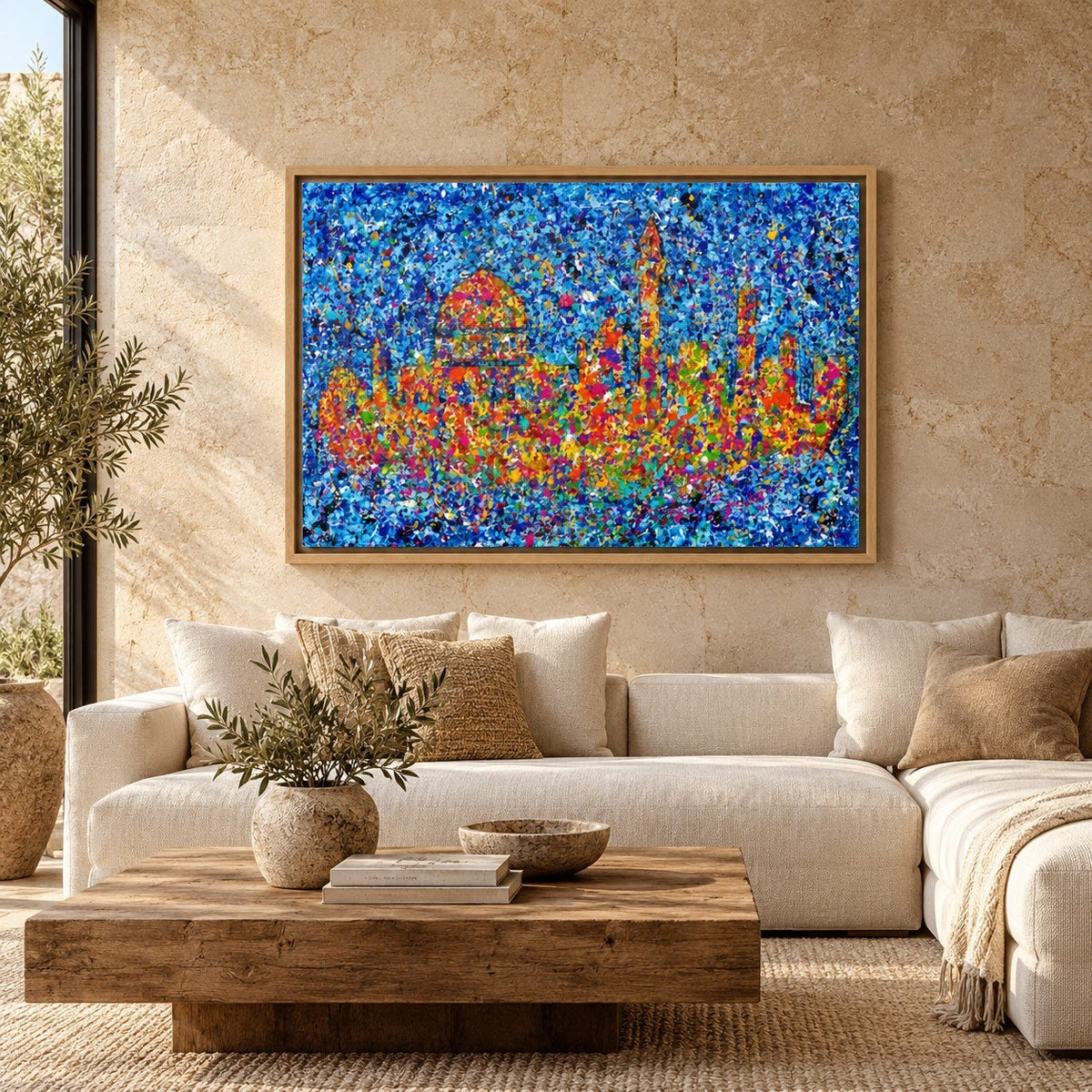Jerusalem Home of My Heart canvas wall art, natural wood stone living room mockup
