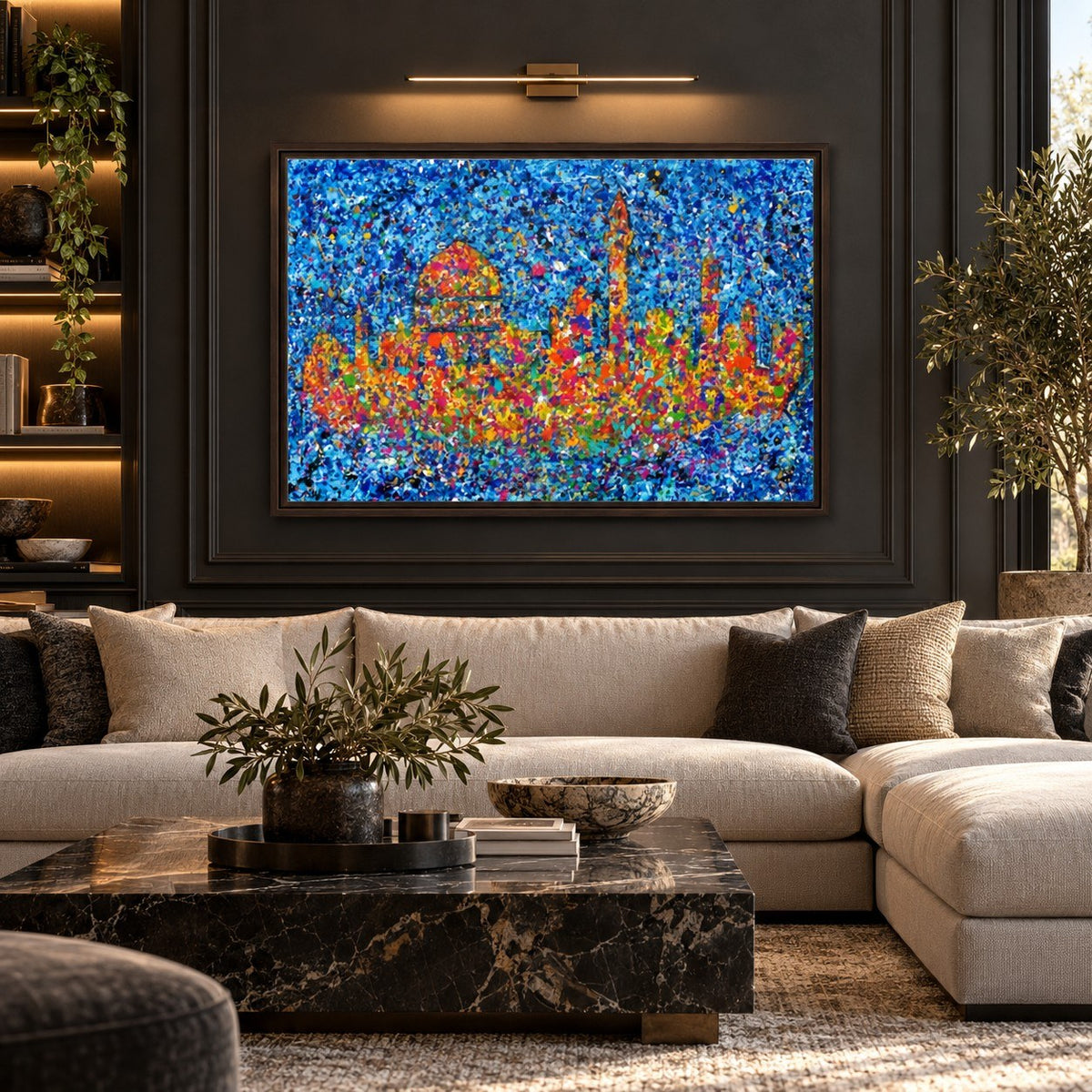 Jerusalem Home of My Heart canvas wall art, espresso charcoal living room mockup