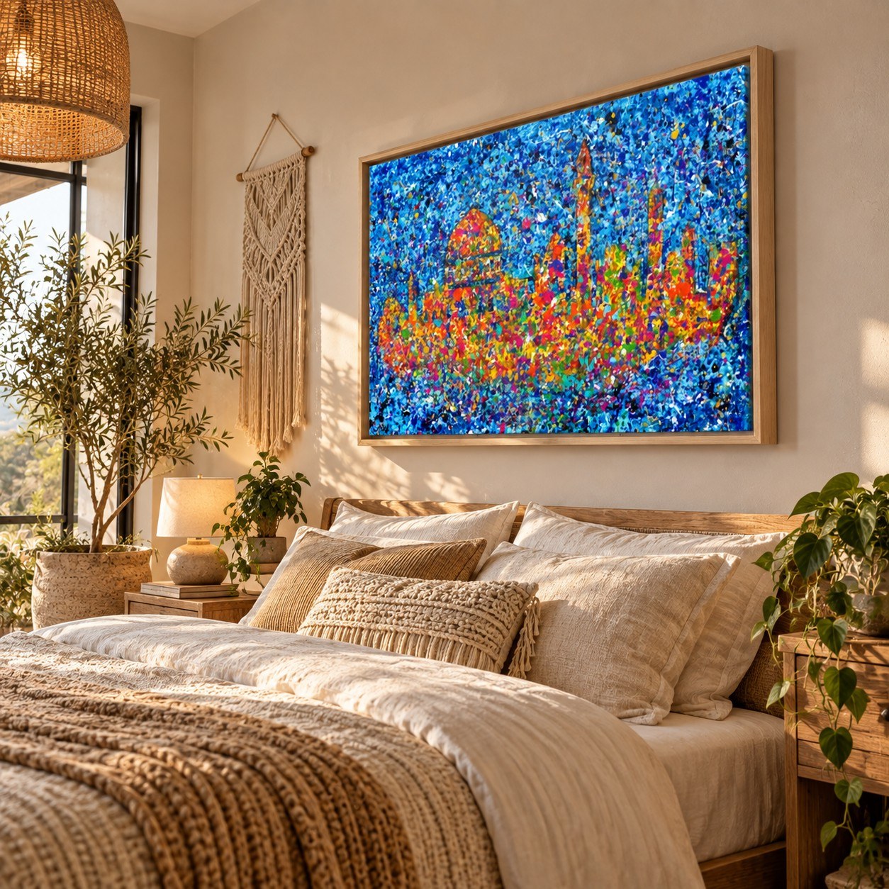 Jerusalem Home of My Heart canvas wall art, wood boho bedroom mockup