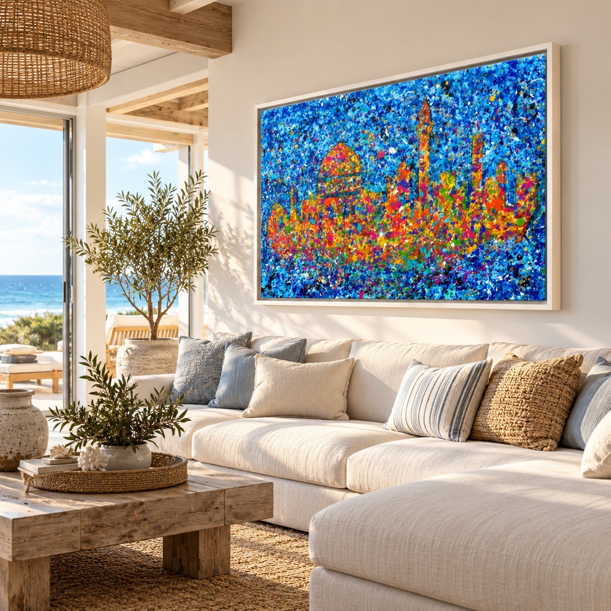 Jerusalem Home of My Heart canvas wall art, white coastal living room mockup
