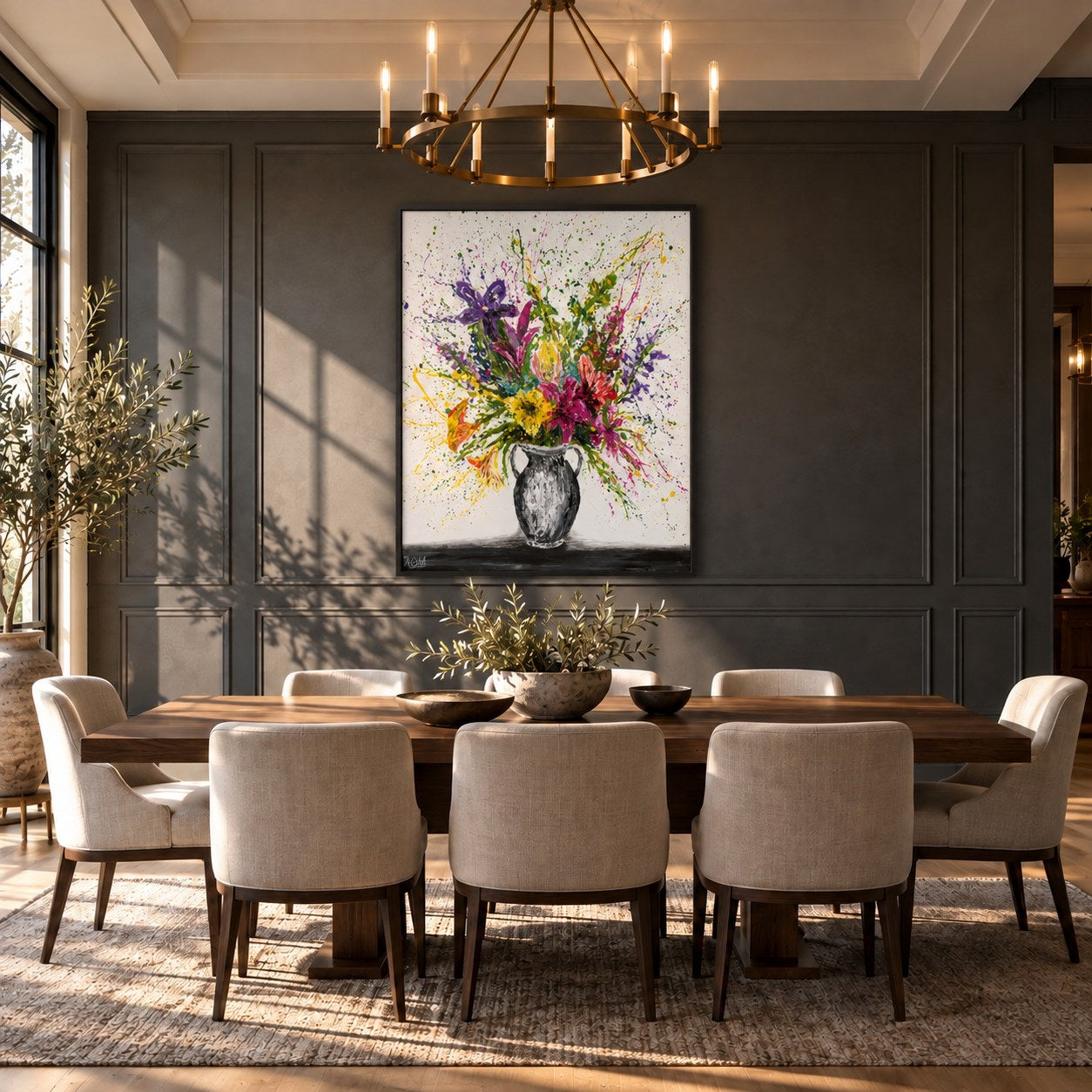 My Bouquet canvas wall art in a slate dining room