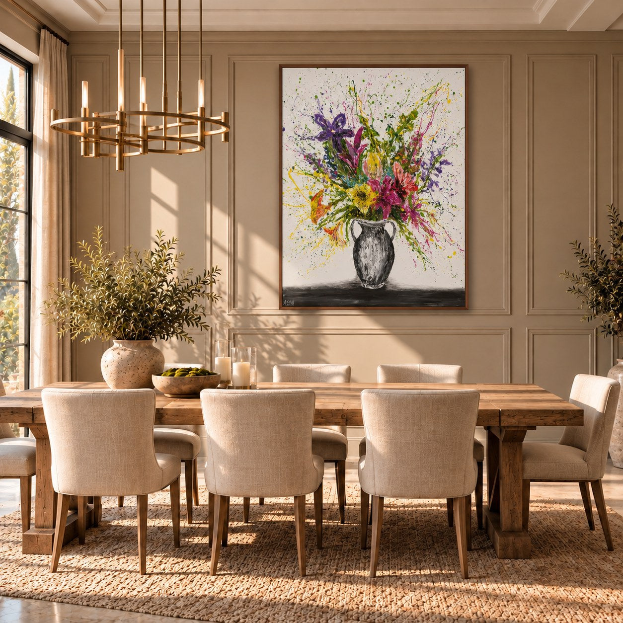 My Bouquet canvas wall art in a formal taupe dining room