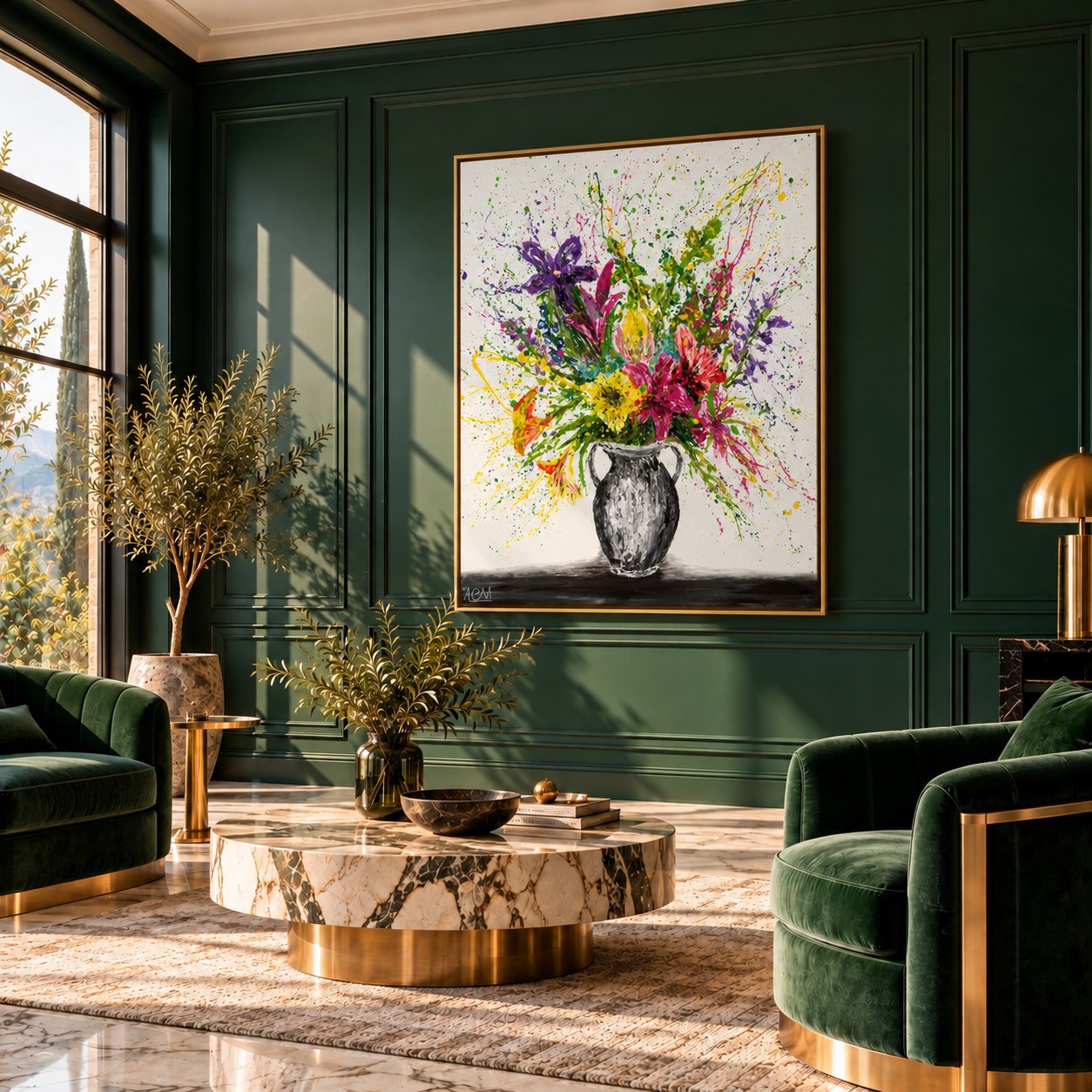 My Bouquet canvas wall art in an art deco emerald living room