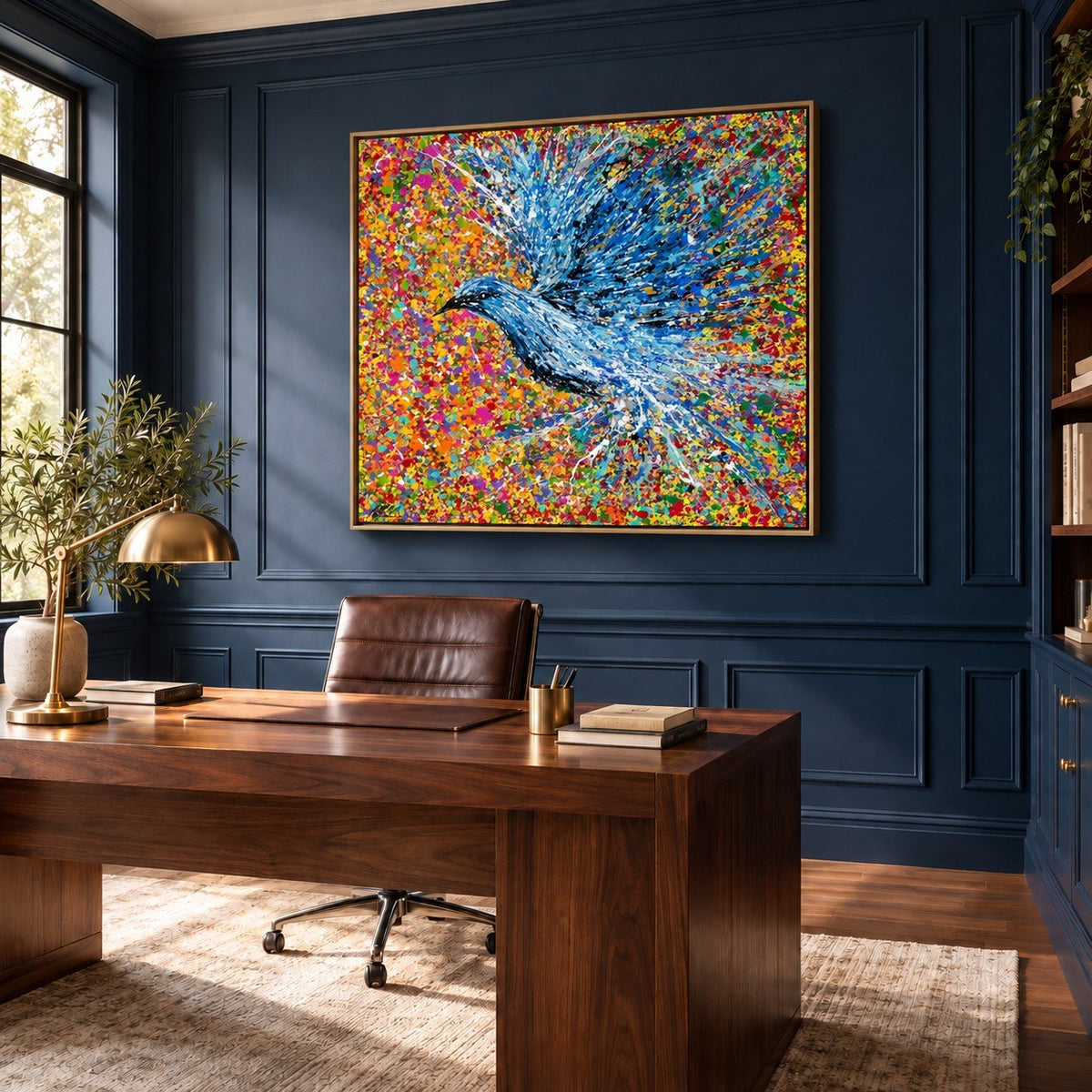 Peace Will Return canvas wall art, home office navy room mockup