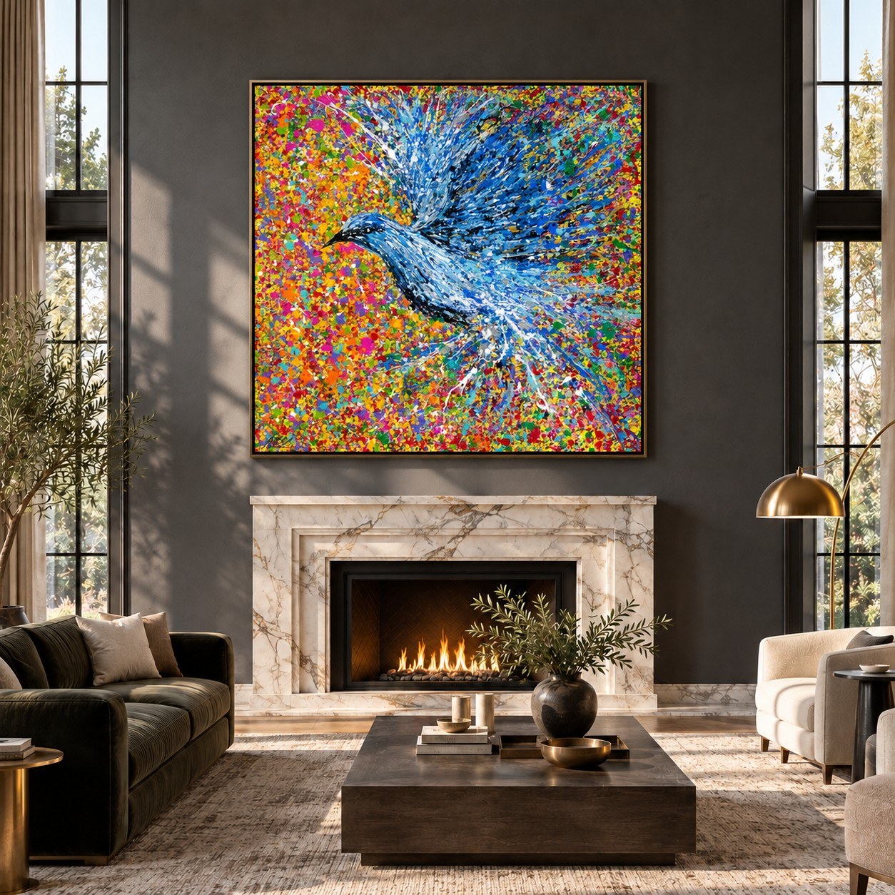 Peace Will Return canvas wall art, grand living charcoal room mockup