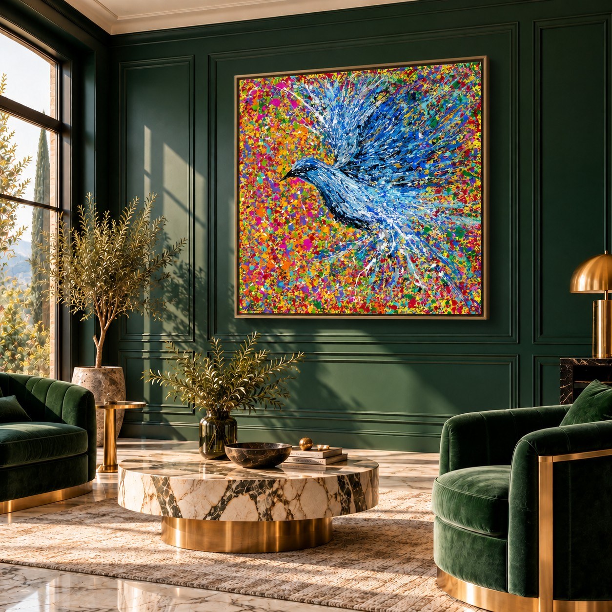 Peace Will Return canvas wall art, artdeco living emerald room mockup