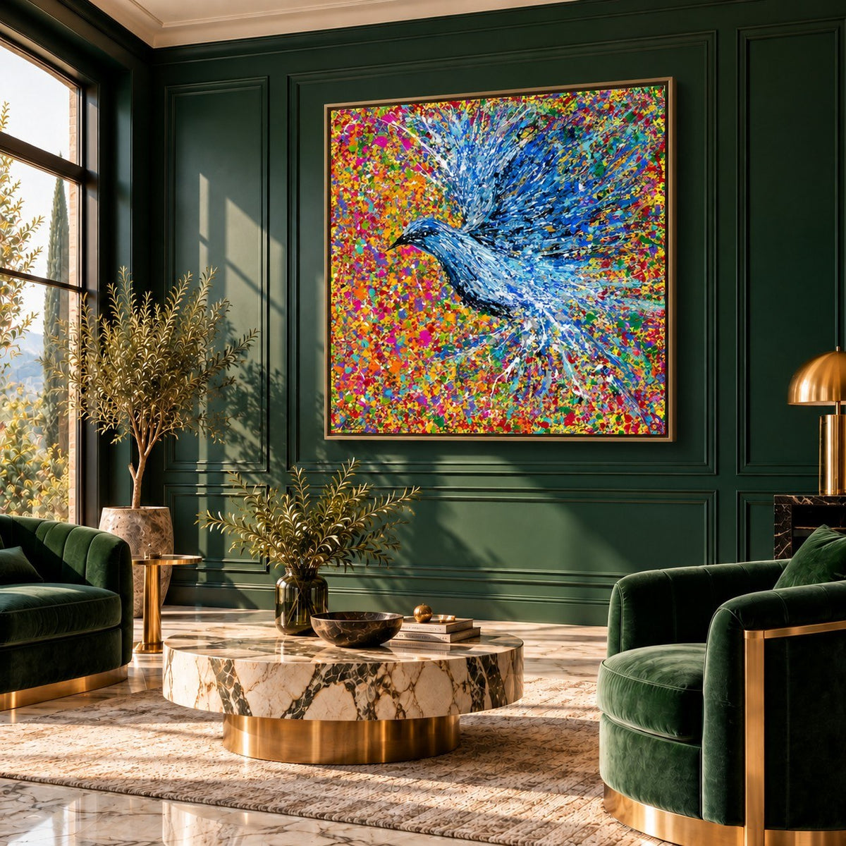 Peace Will Return canvas wall art, artdeco living emerald room mockup