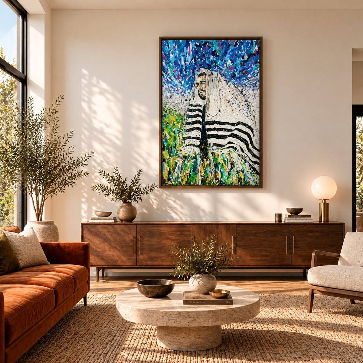 Rabbi - Israel canvas wall art in a midcentury warm living room