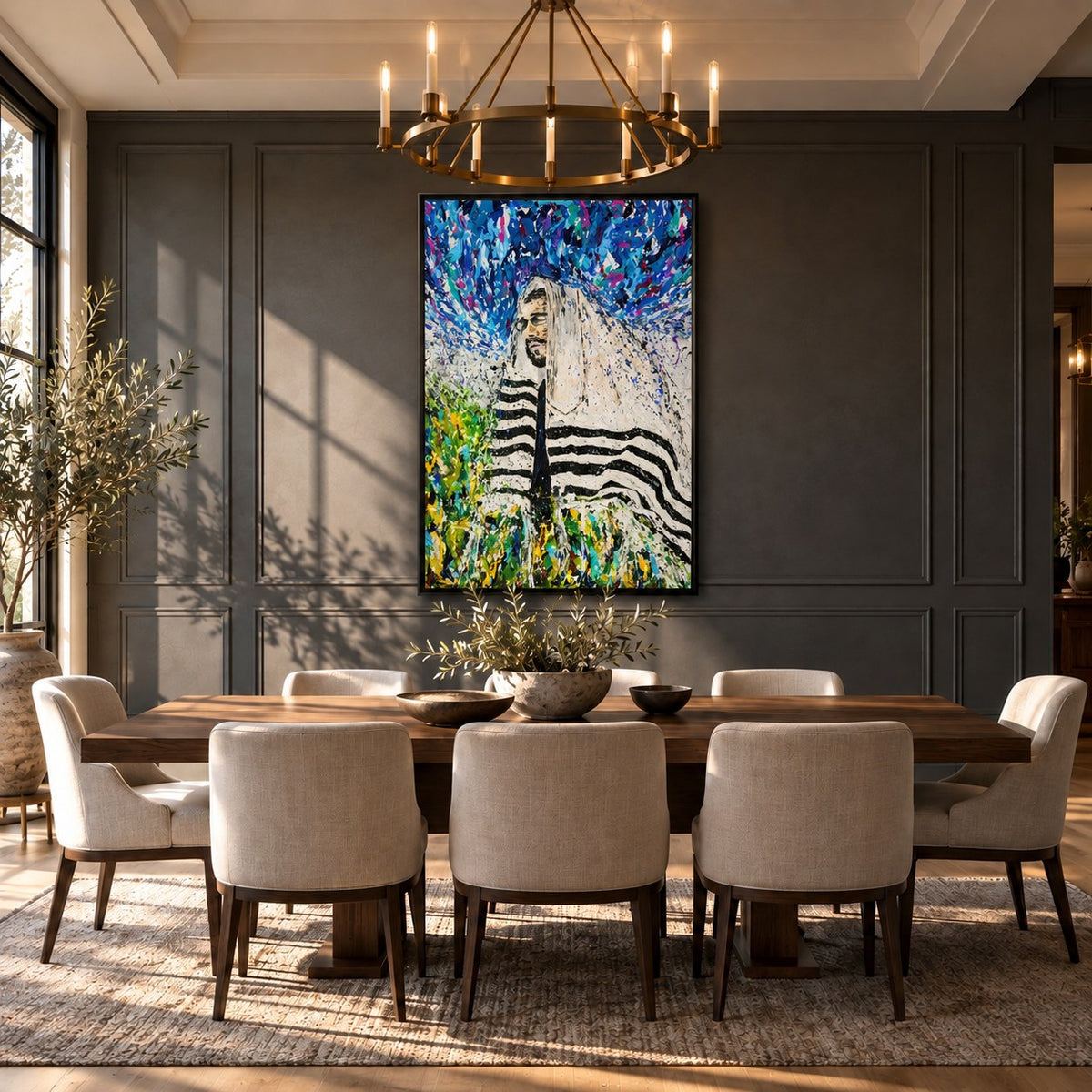Rabbi - Israel canvas wall art in a slate dining room