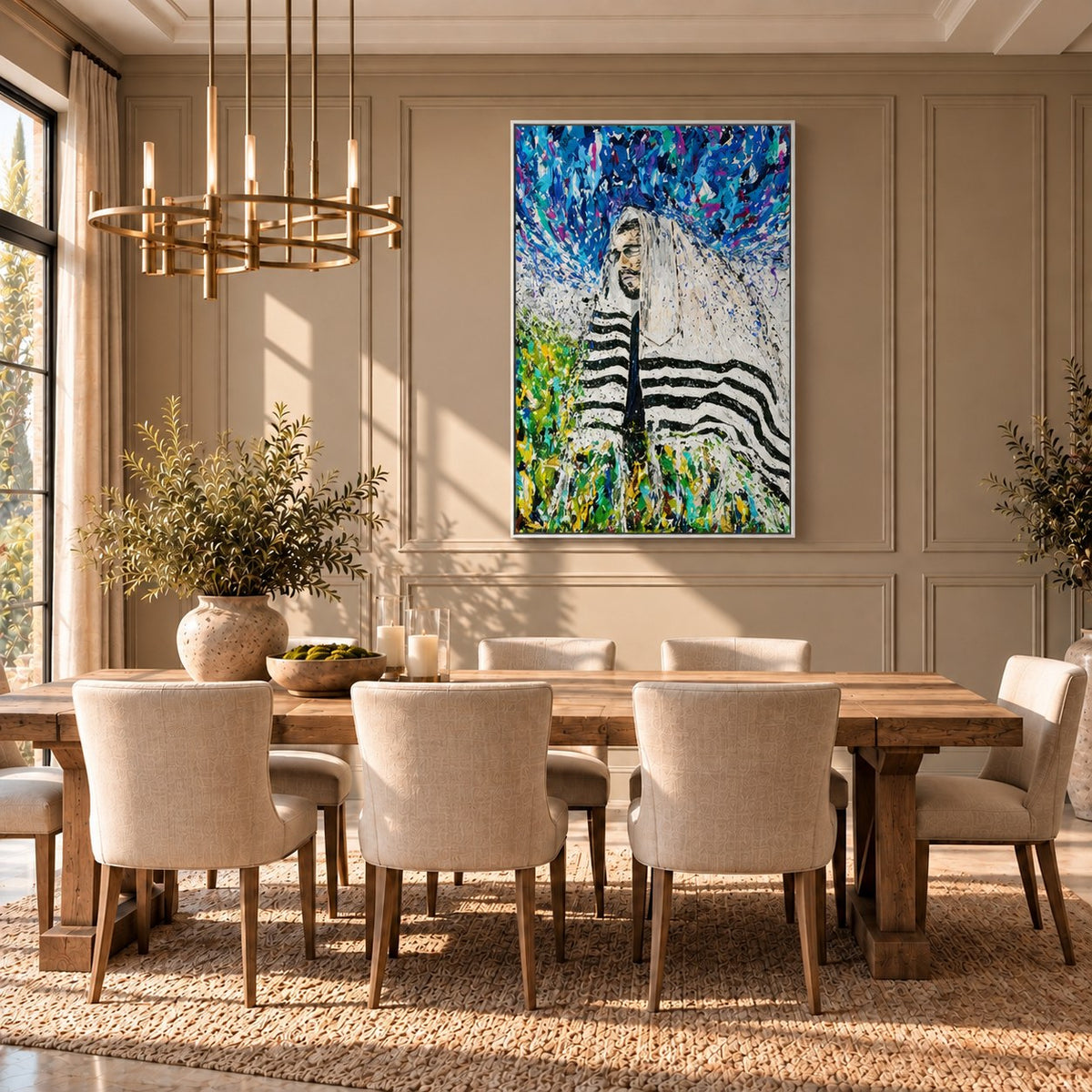Rabbi - Israel canvas wall art in a formal taupe dining room
