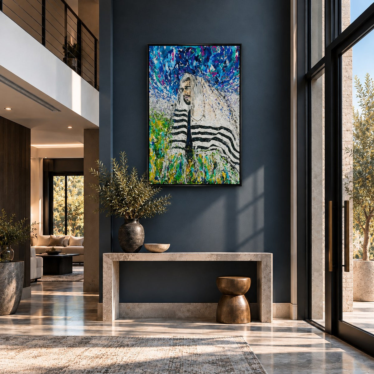 Rabbi - Israel canvas wall art in a slatewall entry