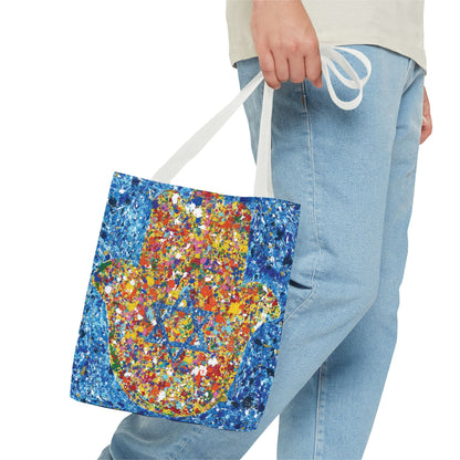 Colorful Bags: "Tote Bag - Hamsa Our Shield" by Albert Levi Art