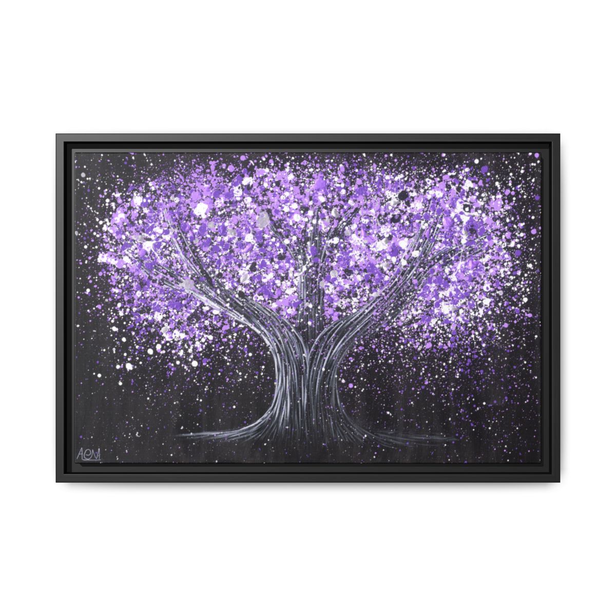 Tree Of Happiness tranquil Purple framed canvas print, black frame