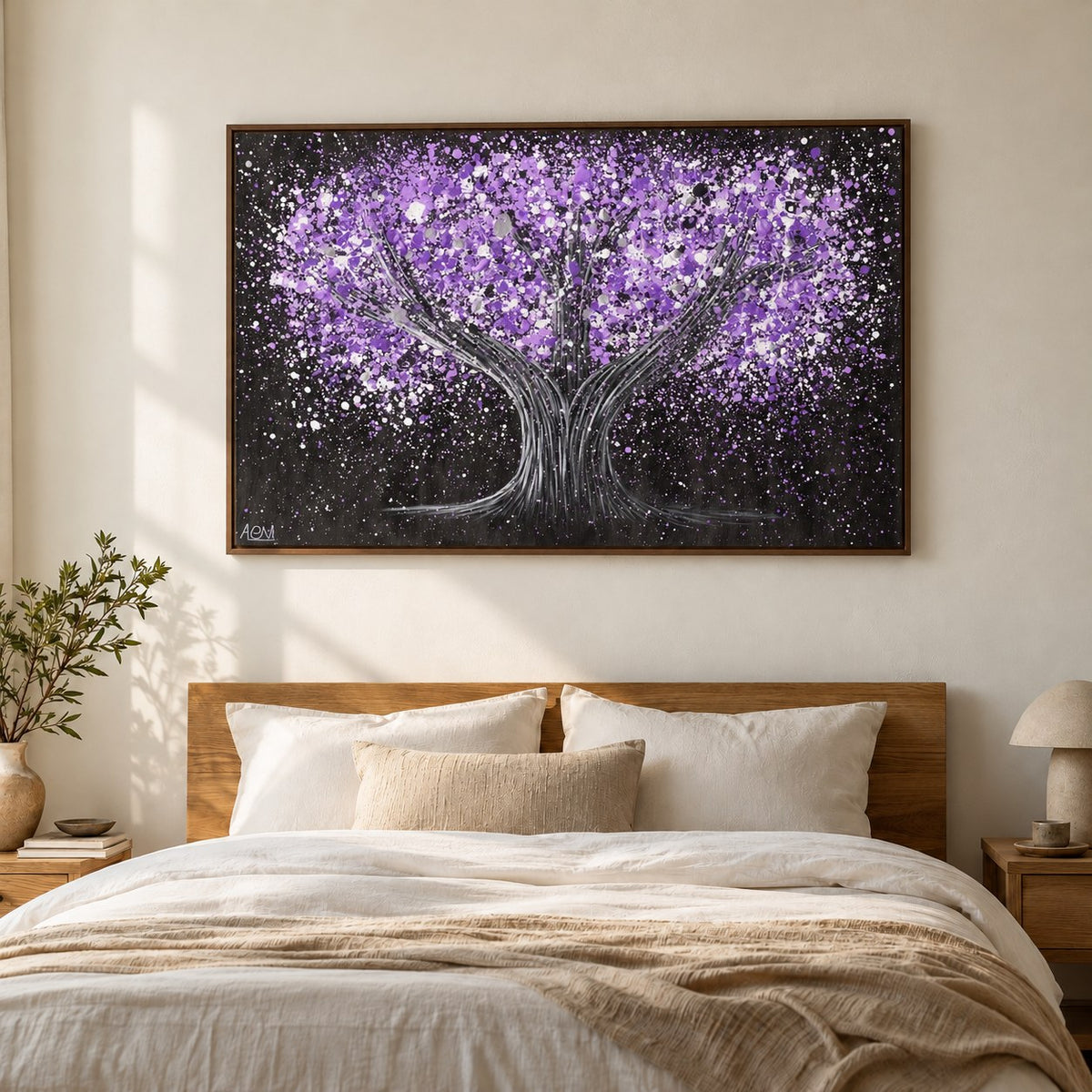 Tree Of Happiness - Tranquil Purple canvas wall art in a warm bedroom