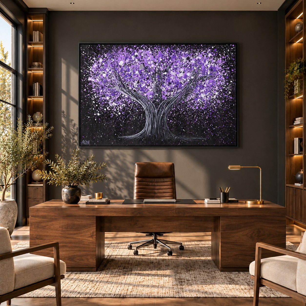 Tree Of Happiness - Tranquil Purple canvas wall art in a dark executive office