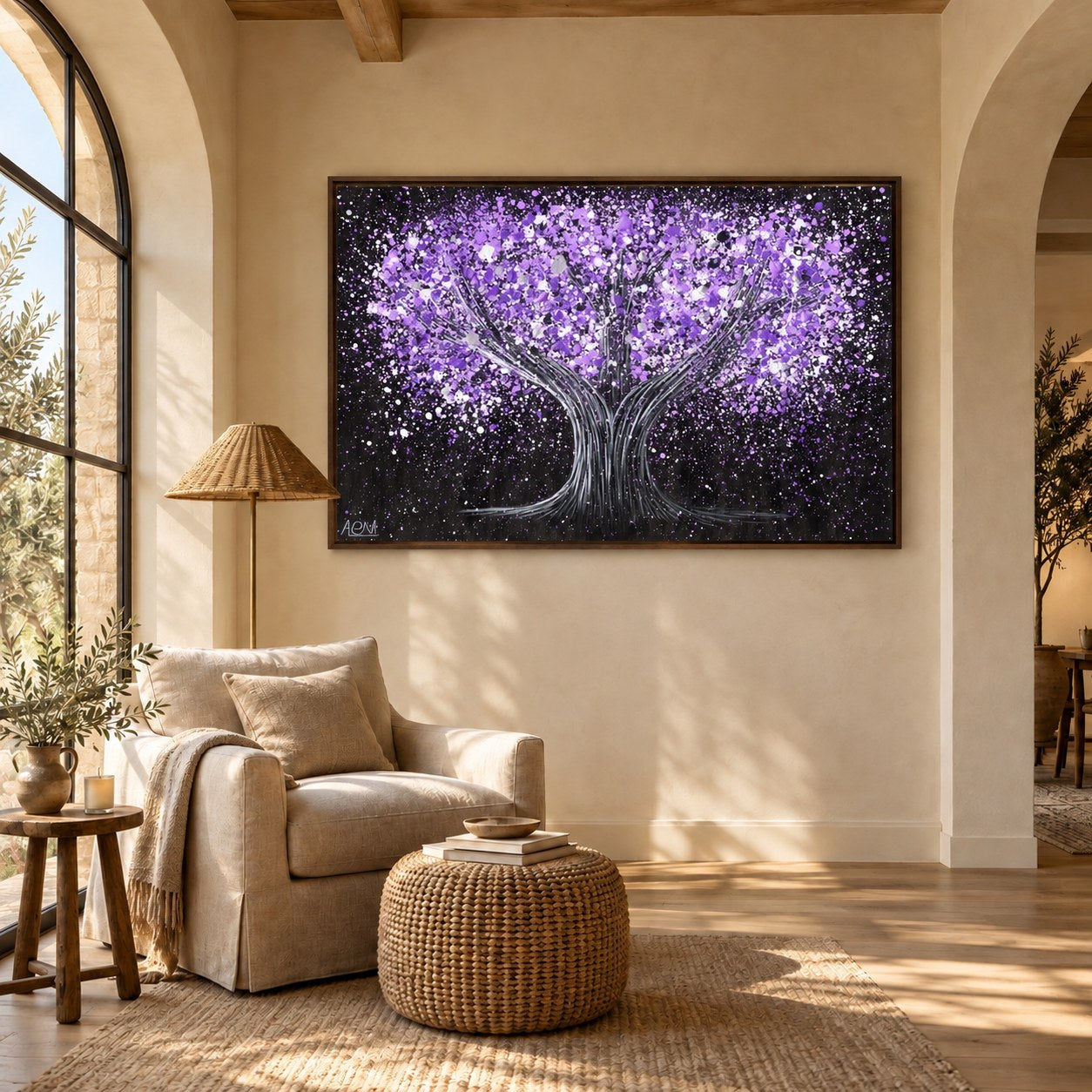 Tree Of Happiness - Tranquil Purple canvas wall art in a warm reading nook