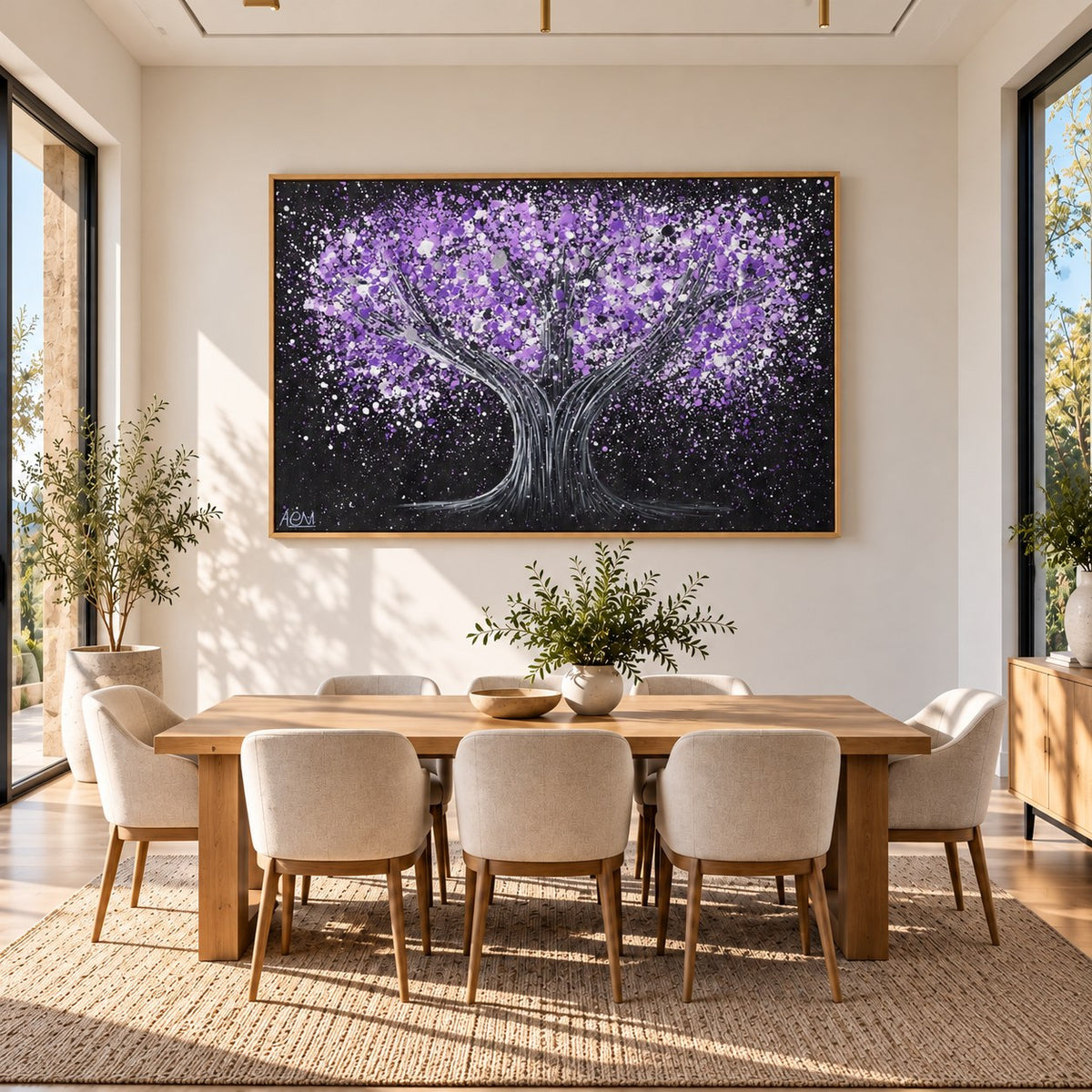 Tree Of Happiness - Tranquil Purple canvas wall art in a sunlit dining room