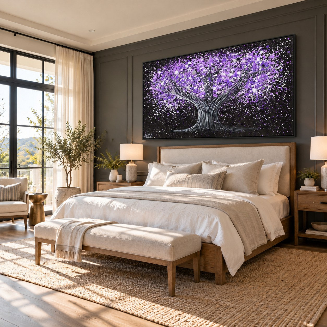 Tree Of Happiness - Tranquil Purple canvas wall art in a charcoal bedroom