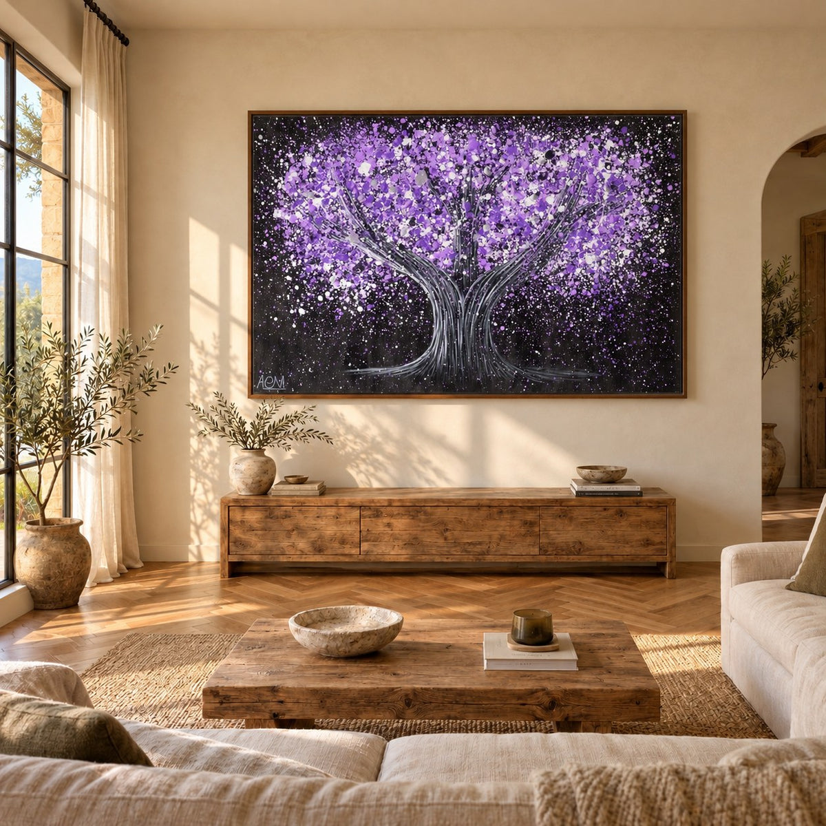 Tree Of Happiness - Tranquil Purple canvas wall art in a mediterranean living room