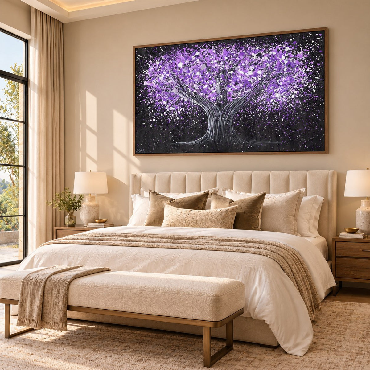 Tree Of Happiness - Tranquil Purple canvas wall art in a warm master bedroom