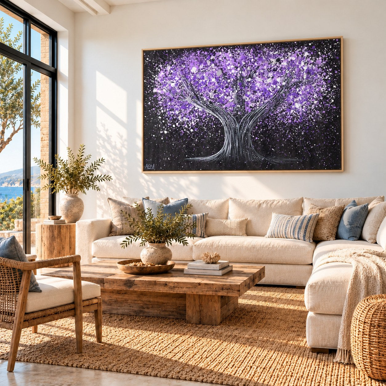 Tree Of Happiness - Tranquil Purple canvas wall art in a coastal bright living room