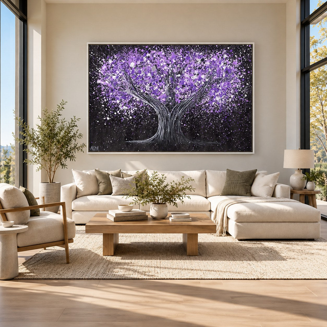 Tree Of Happiness - Tranquil Purple canvas wall art in a bright living room