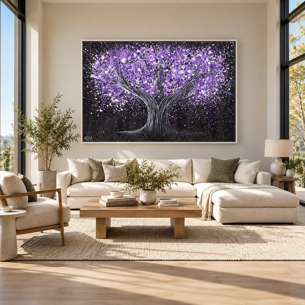 Tree Of Happiness - Tranquil Purple canvas wall art in a bright living room