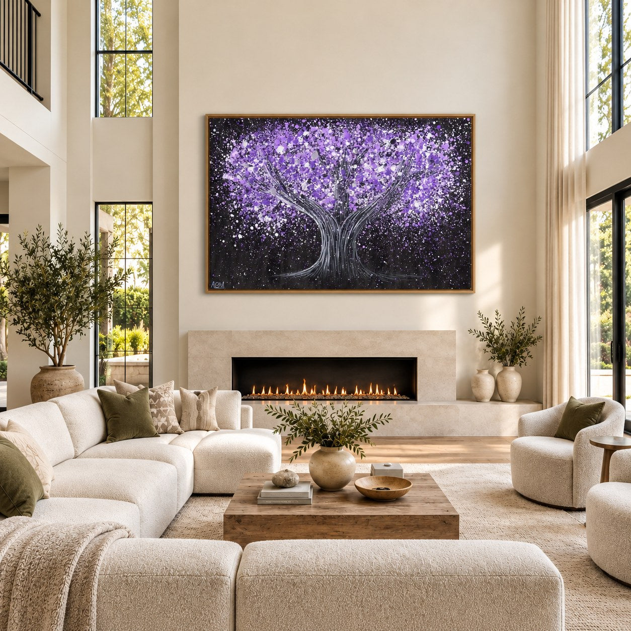 Tree Of Happiness - Tranquil Purple canvas wall art in a fireplace living room
