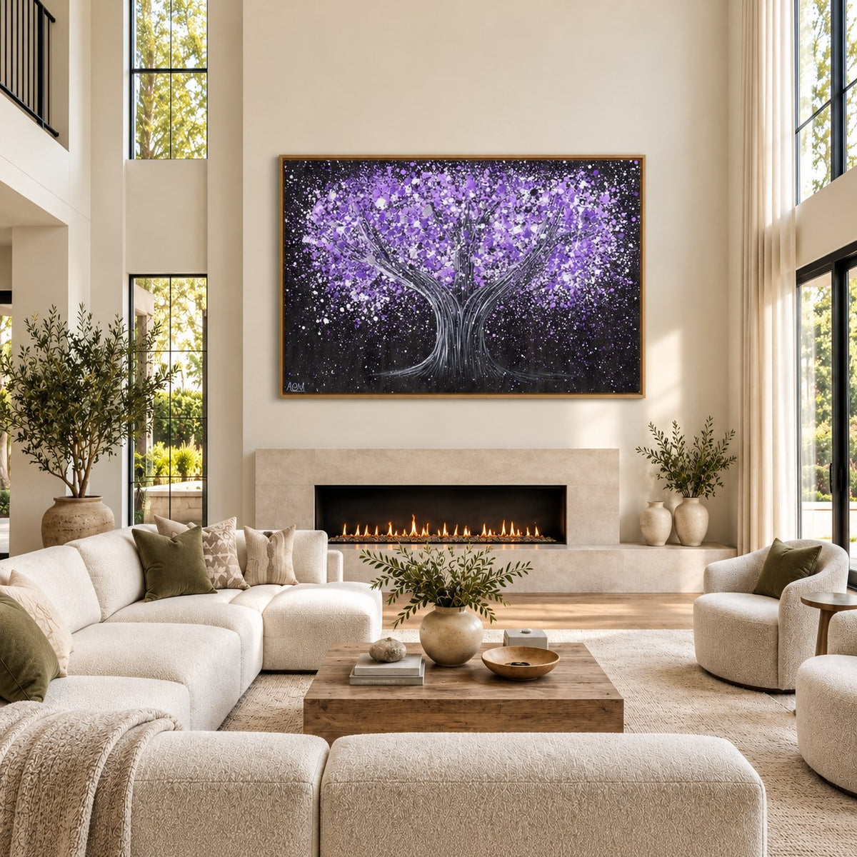Tree Of Happiness - Tranquil Purple canvas wall art in a fireplace living room
