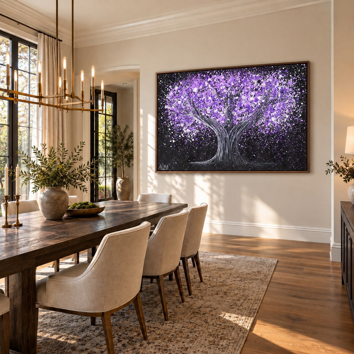 Tree Of Happiness - Tranquil Purple canvas wall art in an elegant dining room