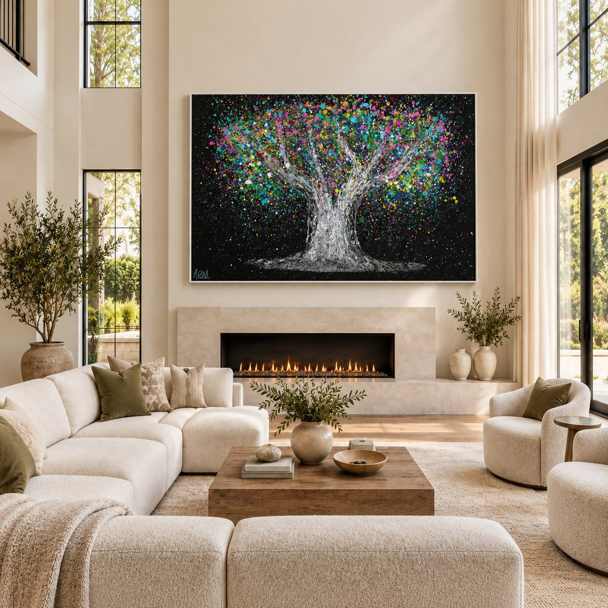 Tree Of Life - Colorful Dream canvas wall art in a fireplace living room