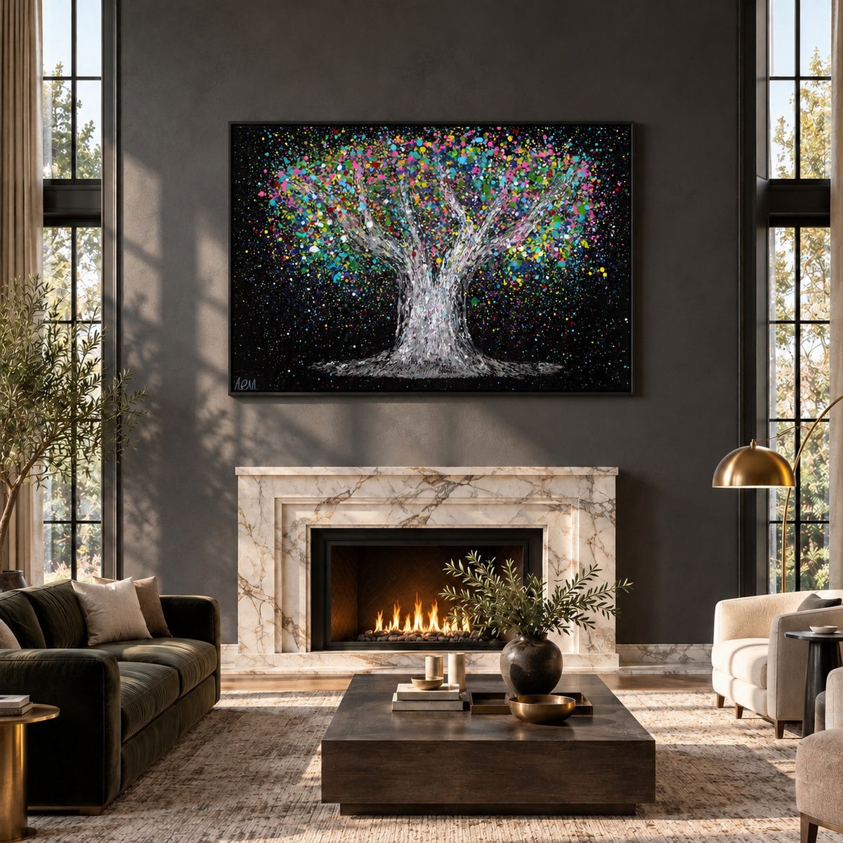 Tree Of Life - Colorful Dream canvas wall art in a grand charcoal living room