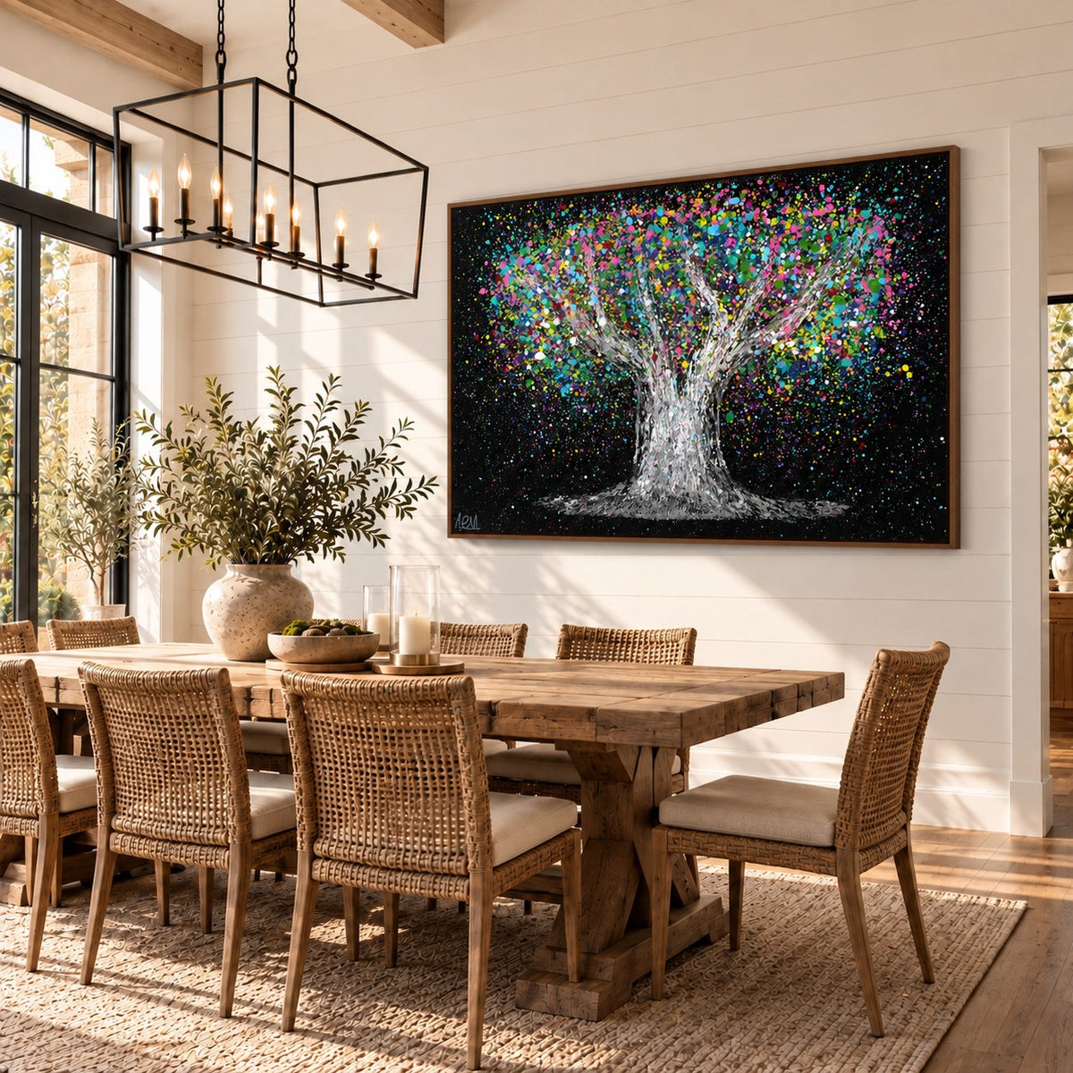 Tree Of Life - Colorful Dream canvas wall art in a shiplap bright dining room