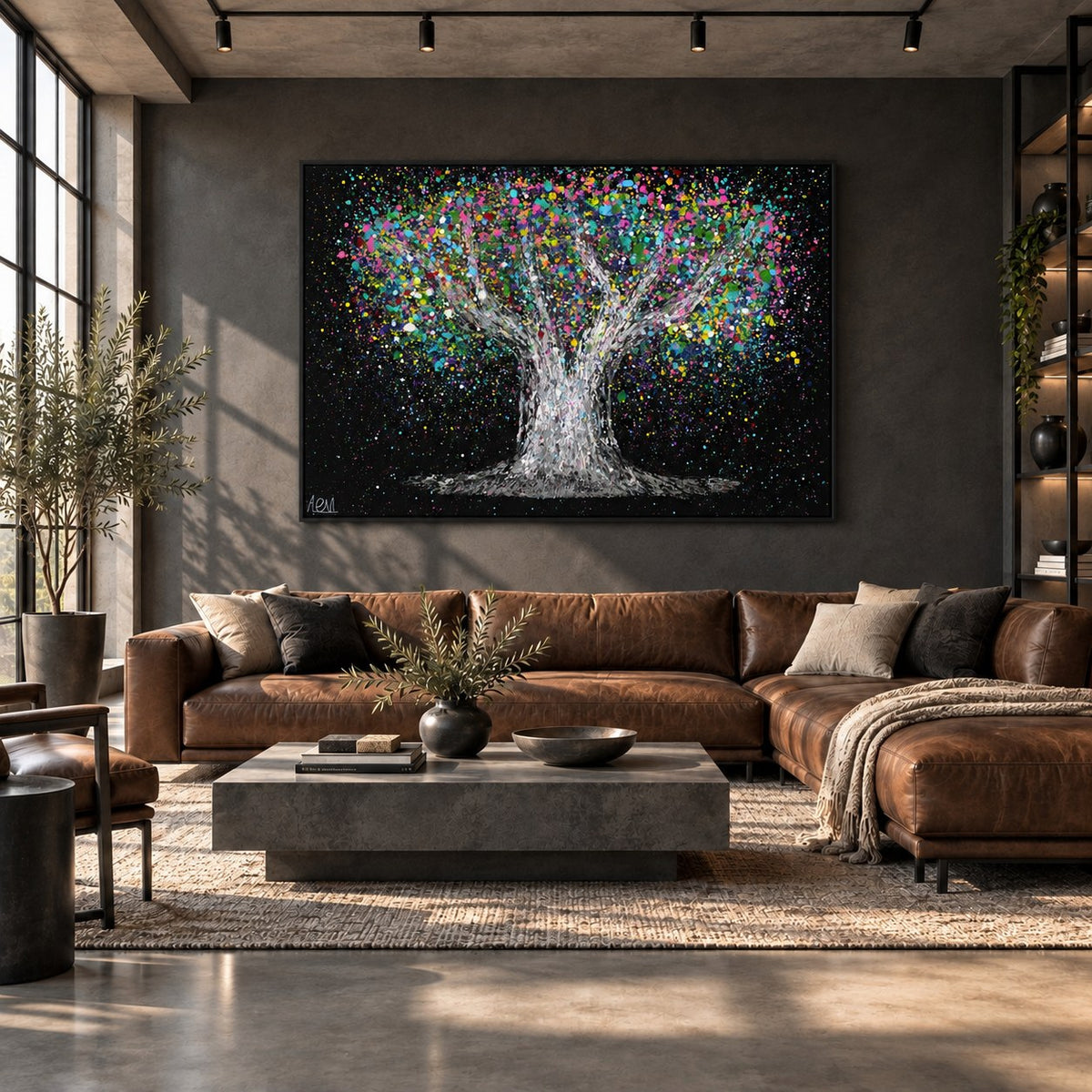 Tree Of Life - Colorful Dream canvas wall art in a charcoal loft