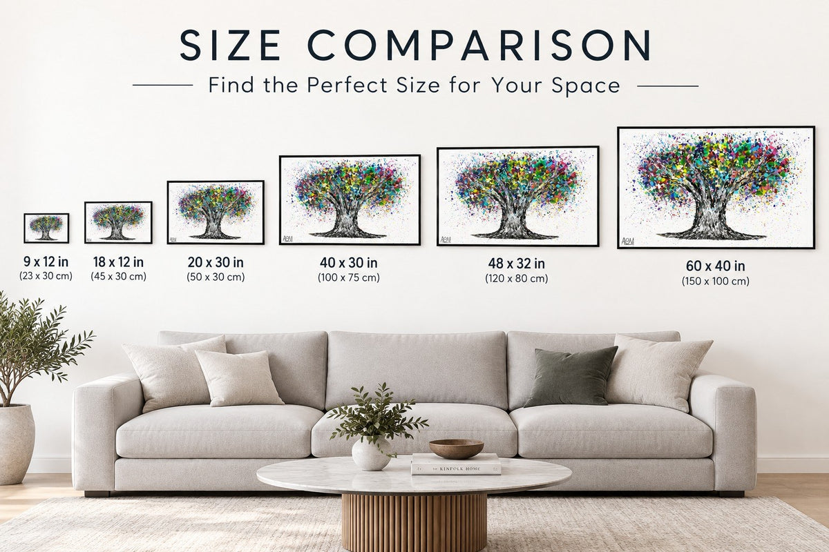 Tree Of Life Colorful Life canvas wall art size comparison chart