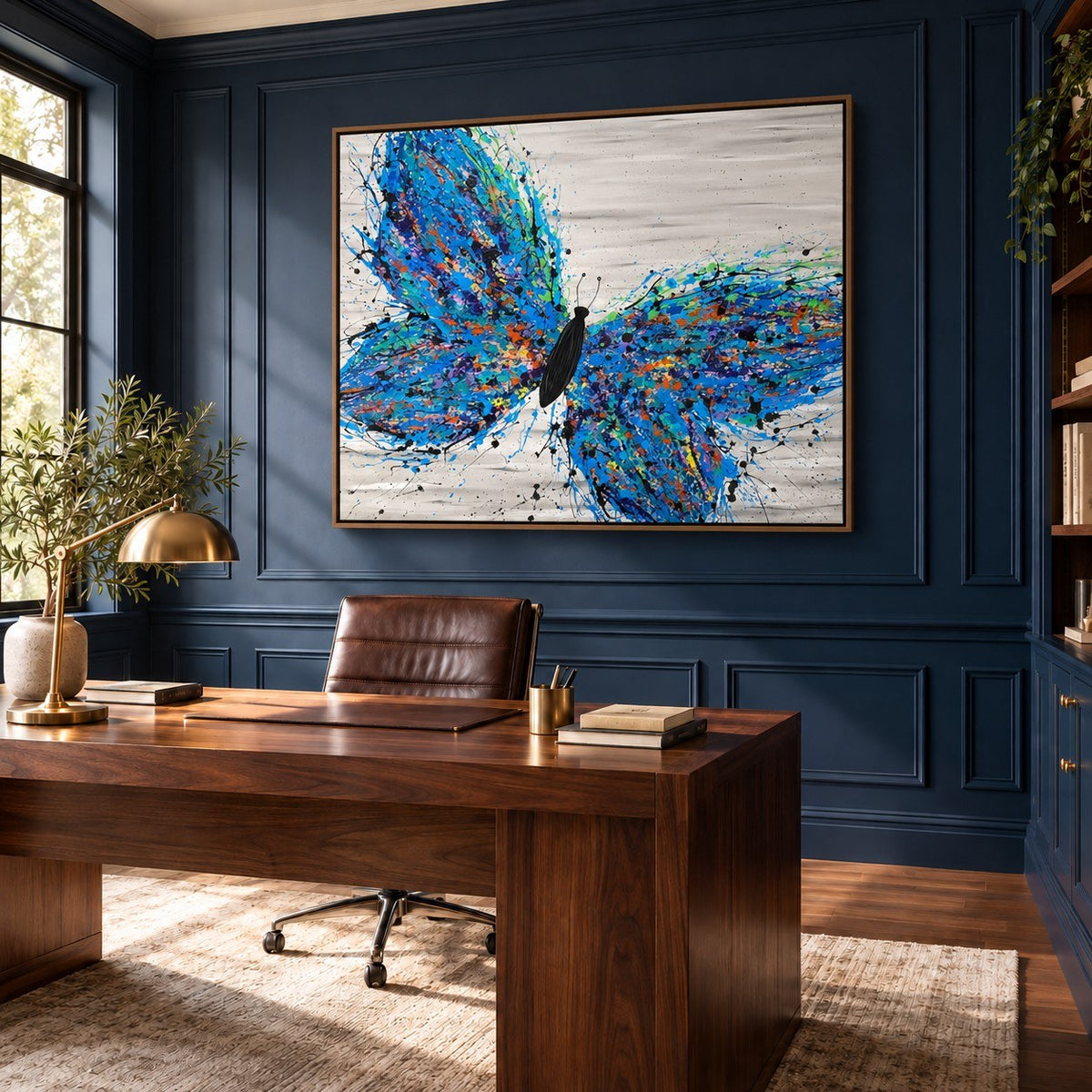 Wild Butterfly canvas wall art, home office navy room mockup