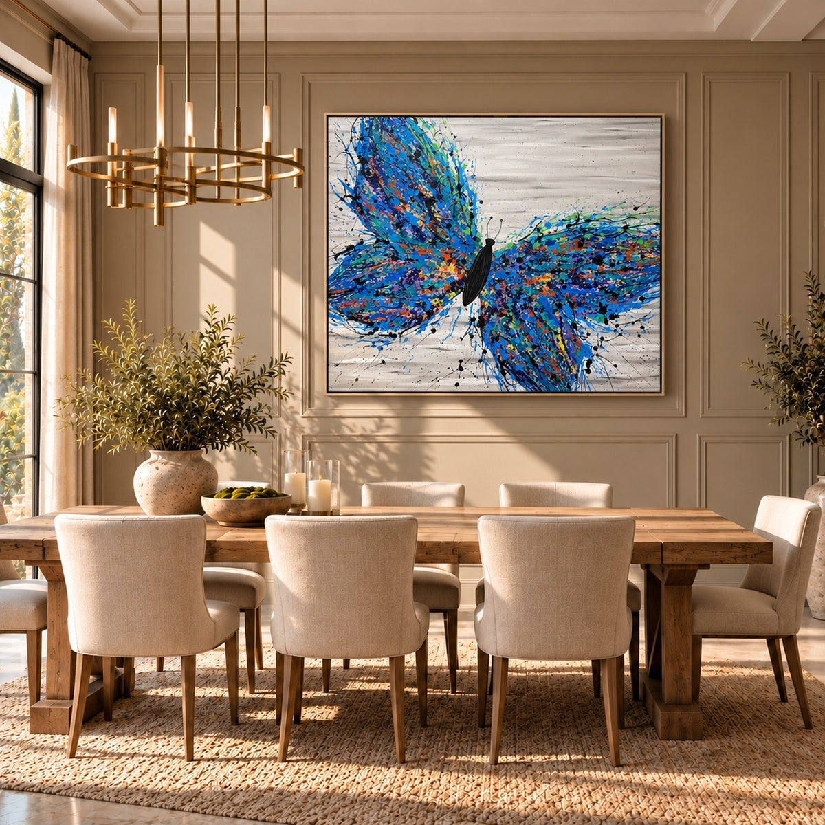 Wild Butterfly canvas wall art, formal dining taupe room mockup