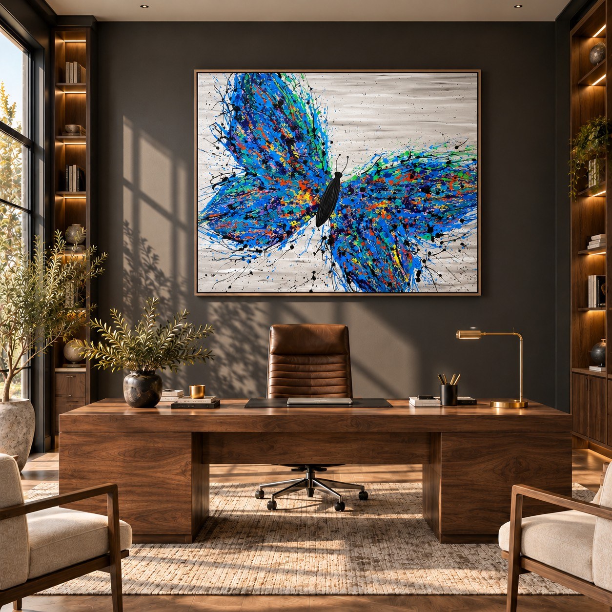 Wild Butterfly canvas wall art, executive office dark room mockup
