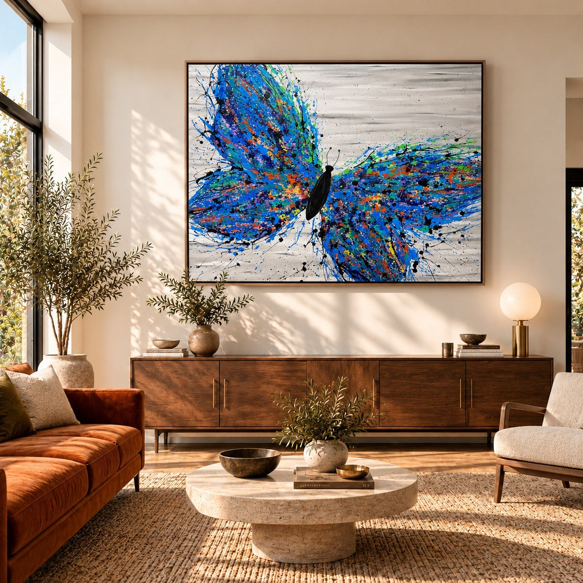 Wild Butterfly canvas wall art, midcentury living warm room mockup