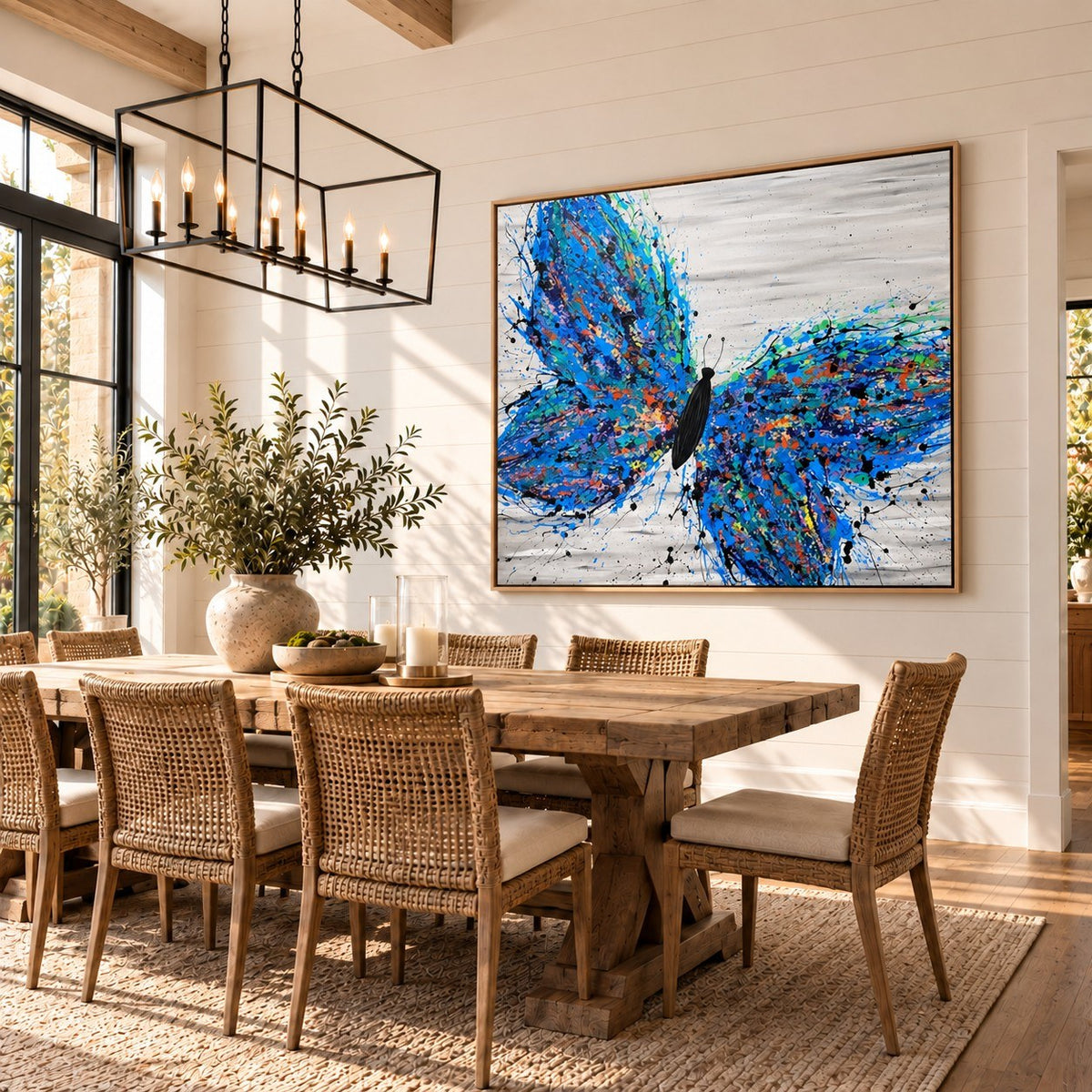 Wild Butterfly canvas wall art, dining shiplap bright room mockup