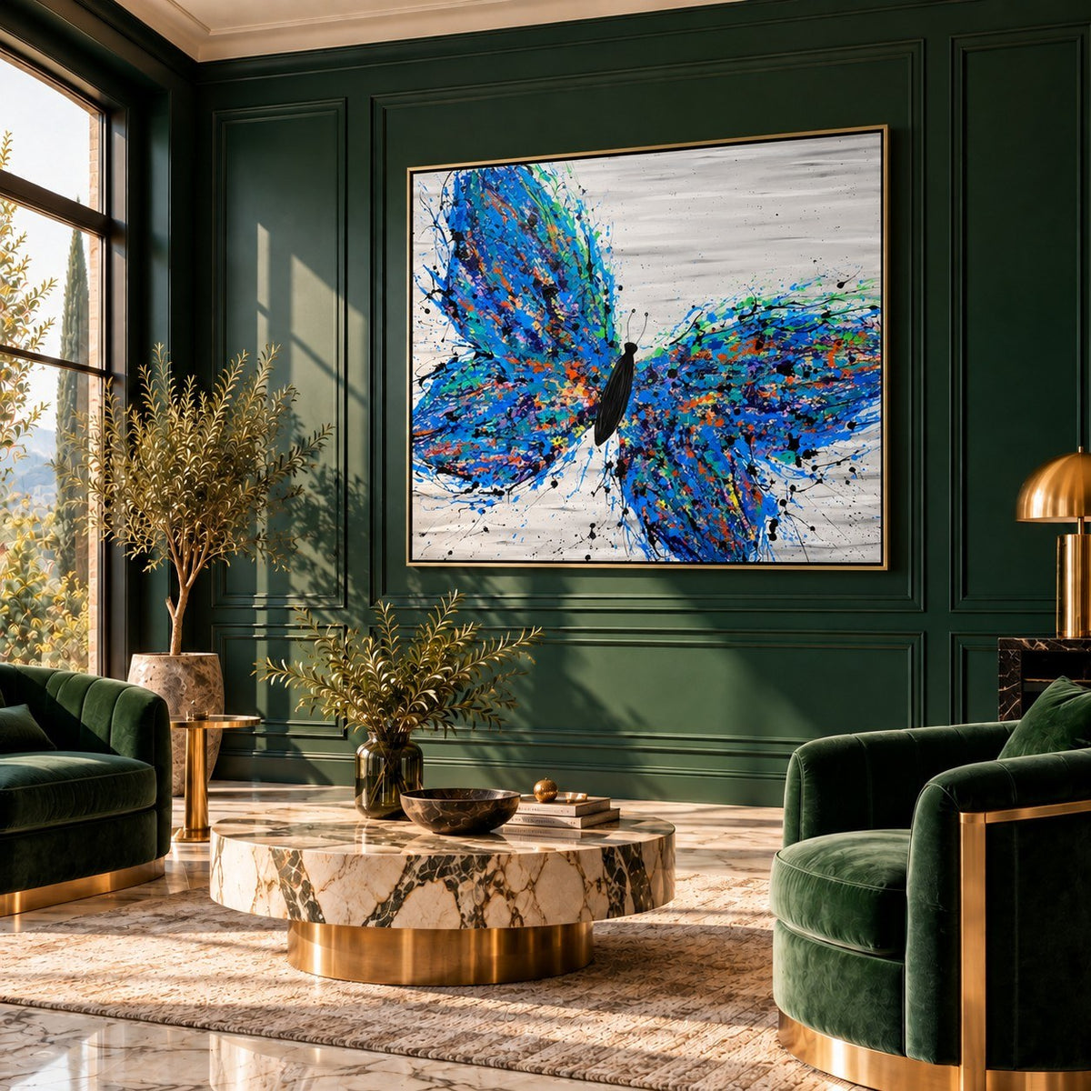 Wild Butterfly canvas wall art, artdeco living emerald room mockup
